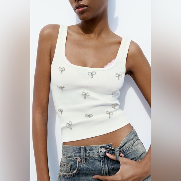 Zara Tops - NWT ZARA Ribbed Tank With Rhinestone Bows